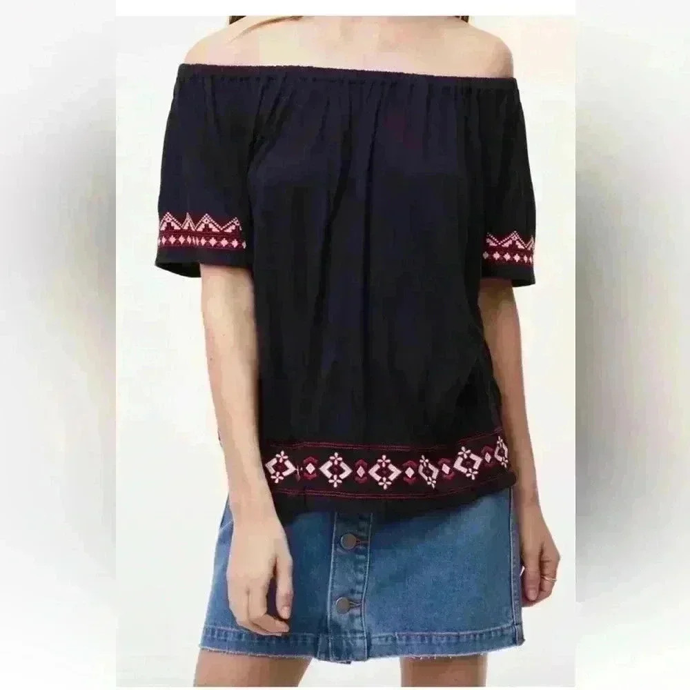 Ann Taylor LOFT Diamond Embroidered Off The Shoulder Top Size Medium navy